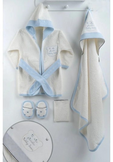 Erkek Bebek Teddy Bear Baskılı Bornoz Set Mavi