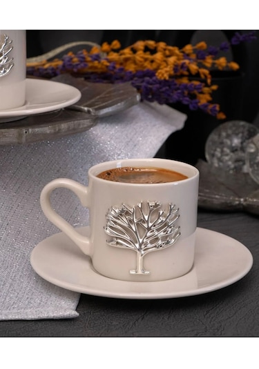 6 Kişilik 12 Parça Porselen Hayat Ağacı Gümüş Kahve Fincan Takımı