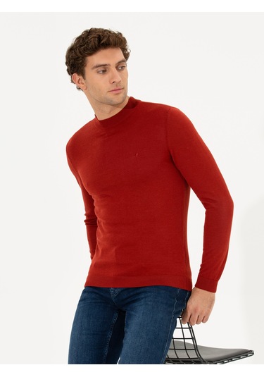 Cacharel Kiremit Slim Fit Çeyrek Balıkçı Yaka Basic Triko Kazak Kırmızı