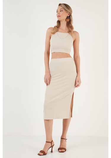 Lela Yüksek Bel Yırtmaçlı Dar Kesim Midi Bayan Etek 5865600 Taş