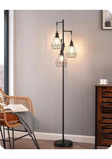 Edishine 3 Başlıklı Dimlenebilir Retro Ayaklı Lamba E27 Led, Kafes Şapkalı, 166 Cm Lambader Siyah Diğer