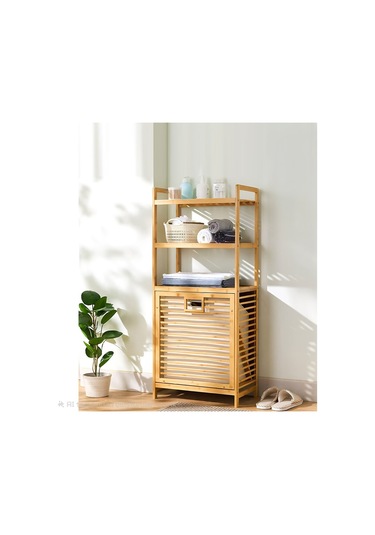 3 Organizer Raflı - Çek Aç Sepet Ahşap Bambu Kirli Çamaşır Sepet 40x30x130cm 5256 Çok Renkli