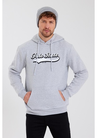 Erkek 3 İplik Pamuklu İçi Polarlı Baskılı Regular Fit Kapüşonlu Kanguru Cepli Gri Sweatshirt Gri