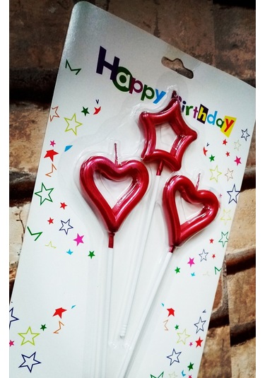 Red Heart Candle 2 Adet Metalik Kırmızı Kalpli Pasta Mumu 1 Adet Yıldız Mum Kalpli Doğum Günü Mumu Renkli