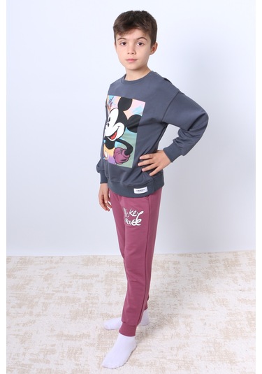 Erkek Çocuk Eşofman Takımı Mickey Mouse Baskılı Ribanalı F4 Vişne Çürüğü