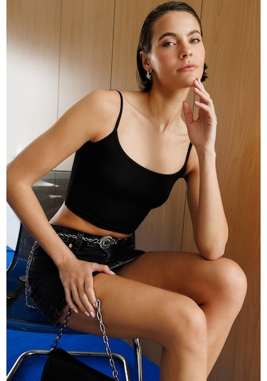 Genius Store Kadın Scuba Kumaş İp Askılı Crop Top Crop-atlet Siyah
