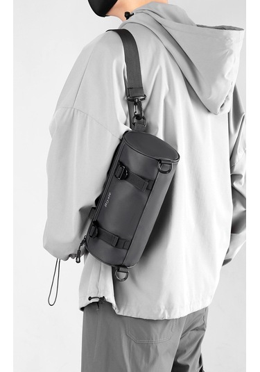 Erkekler İçin Şık Ve Fonksiyonel Tek Omuz Çanta - Hong Kong Tarzı Silindir Formda Messenger Çanta, Trend Desenli Ve Dayanıklı Film Kaplama, Spor Ve Günlük Kullanım İçin Pratik Göğüs Çantası Gri