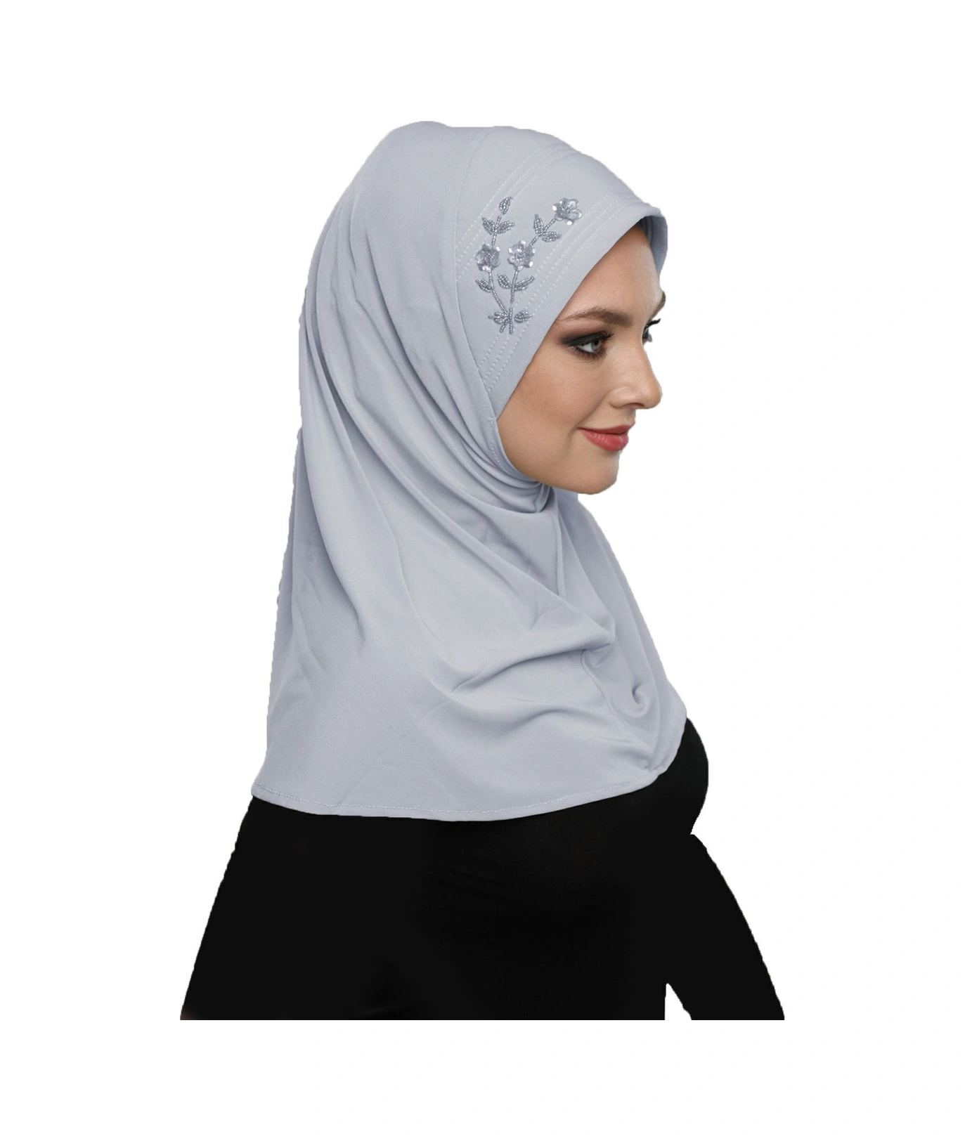 Takmatik Taşlı El Işi Boncuk Işlemeli Açık Gri Hazır Türban Tesettür Bone Namaz Örtüsü Açık Gri