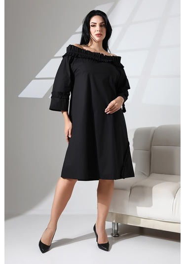 Schık Schık Kadın Yaka Büzgülü Kol Ve Etek Ucu Fırfır Detay Cepli Elbise Siyah Sckwm24el02 Siyah