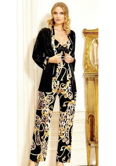 Jeremi 2916 Saten Desenli Üçlü Pijama Takımı