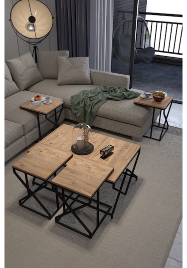 Orta Sehpa Ve Zigon Sehpa V Lüx 5'li Set Atlantik Çam Atlantik Çam