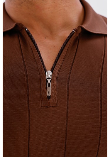 Monox Erkek Yarım Fermuarlı Polo Yaka Triko Kazak Kahverengi