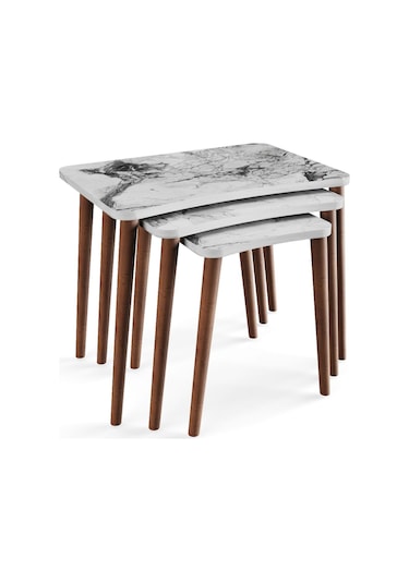 Zuesse Dizayn Reyhan 3lü Zigon Sehpa & Yan Sehpa Ahşap Ayaklı Salon Seti Çay Sehpası - Beyaz Mermer