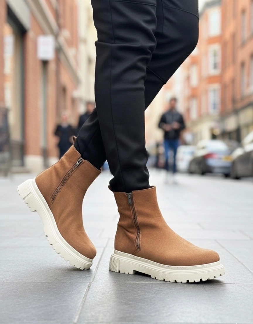 Ba0777 Süet Taba Krem Taban Çift Fermuarlı Erkek Yarım Bilek Bot Taba