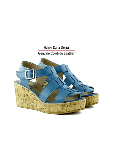 Erkan Saçmacı Xena Mavi Hakiki Dana Derisi Mantar Taban Görünümlü Dolgu Topuklu Gladyatör Sandalet Mavi