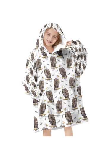 Eagle Desenli Çocuk Giyilebilir Battaniye Hoodie, 6-13 Yaş İçin Kalın Flanel Kapüşonlu-a14 Eagle Perched Feather