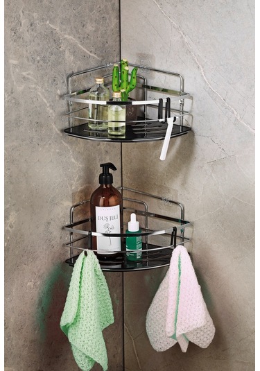 2’li Kancalı Yapışkanlı Banyo Duş Köşe Rafı – Ayarlanabilir Kristal Raf (Yapıştır/Vidala) Krom-Siyah - LK-01 - KS