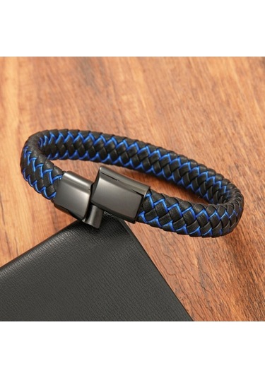 Casera's Mavi Siyah Deri Örgü Ve Çelik Erkek Bileklik Csr2220029