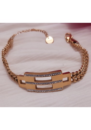 Giftworld Çelik Taşlı Bileklik / Gold Kalın Zincir Altın