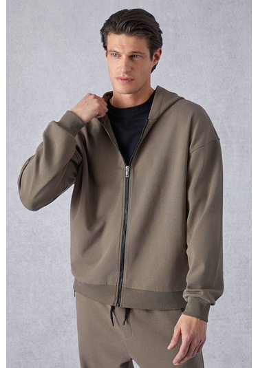 GRIMELANGE Ralf Erkek Kapüşonlu Uzun Kol Baskı Detaylı Fermuarlı Oversize Koyu Kahverengi Ceket Koyu Kahverengi