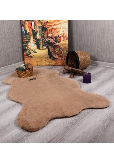 Tavşan Tüyü Dekoratif Ultra Yumuşak Post Peluş Kaymaz Halı Camel