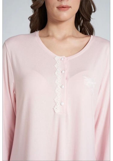 Pijadore 1705 Melisa Kadın Uzun Kollu Düğmeli Uzun Gecelik Pembe