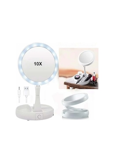 10x Büyütme Çift Taraflı Makyaj Ayna Katlanabilir 21 Led Işıklı Makyaj Aynası Usb Kablo Beyaz