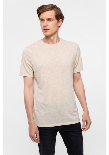 SÜVARİ Ekru Regular Armürlü Bisiklet Yaka Tişört-38303 Ekru