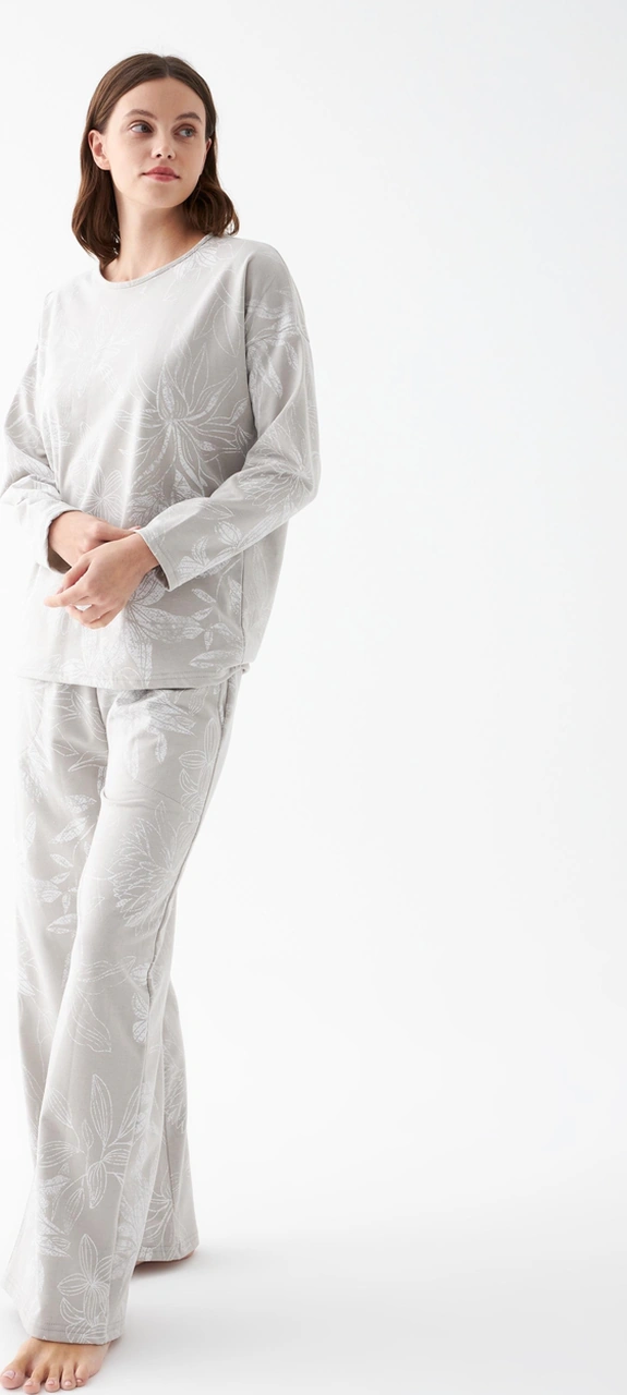 Akbeniz Kadın Oversize Gri Çiçek Desenli Pamuklu Kalın Pijama Takımı Gri