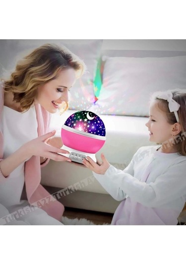 Pembe Dönen Renkli Ay Yıldızlı Gökyüzü Yansıtmalı Projeksiyon Gece Lambası Çocuk Bebek Parti Odası