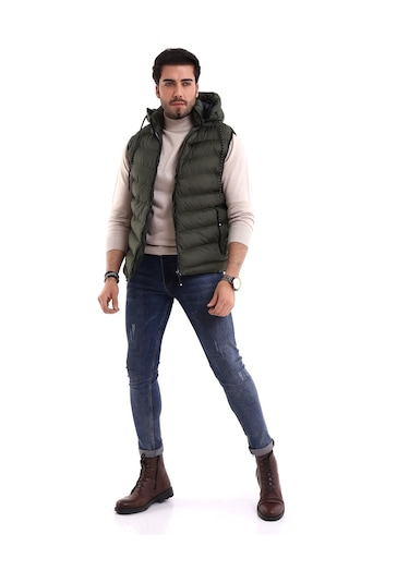 Everest Jel Dolgu Çıkartılabilen Fermuarlı Kapüşonlu Erkek Şişme Yelek Haki