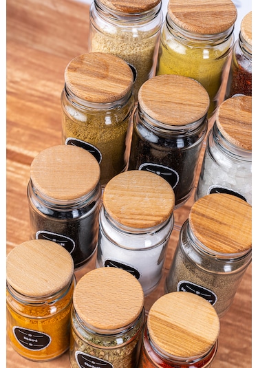 12 Adet Ahşap Kapaklı Cam Baharatlık Seti 320 Cc -12'Li Baharatlık Şeffaf