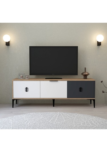 3501 Neva Tv Ünitesi 150 Cm Kapaklı Sepet - Beyaz - Antrasit Tv Sehpası Sepet-beyaz-antrasit