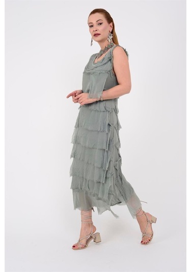 Italyan 2 Beden İnce Gösteren Kat Kat Kolsuz Ipek Elbise Haki