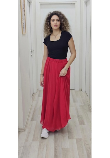 Bel Lastikli Kloş Şifon Etek 6003-kırmızı Kırmızı
