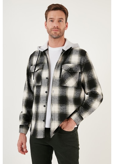 Buratti Ekoseli Çift Cepli Kapüşonlu Oduncu Erkek Gömlek Cf22W2650 Haki-Antrasit