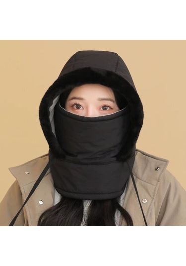 Kulak Korumalı Rüzgar Ve Kar Maskeli Boyun Atkısı Entegre Şapka Siyah