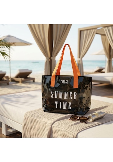 Frelso Şeffaf Plaj Çantası Baskılı Kadın Beach Çanta Siyah
