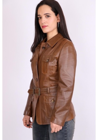Kahverengi Hakiki Deri Yakalı Kemerli Düğmeli Mont Kaban