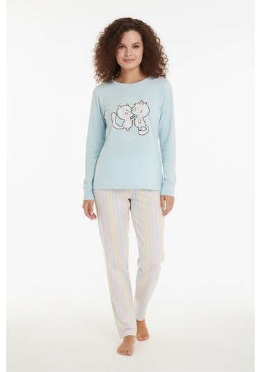 Luxury Thermal Gökkuşağı Kedi Desenli Kadın Polar Kışlık Pijama Takımı 42052 Çok Renkli
