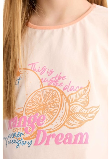 DeFacto Kız Çocuk Pijama Takımı Baskılı Kısa Kollu Üst Desenli Şort E6234A825SMOG96 Turuncu