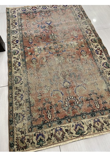 El Dokuma Eskitme 115X192 Kiremit Mavi %100 Yün Vintage Halı ! Yeşil