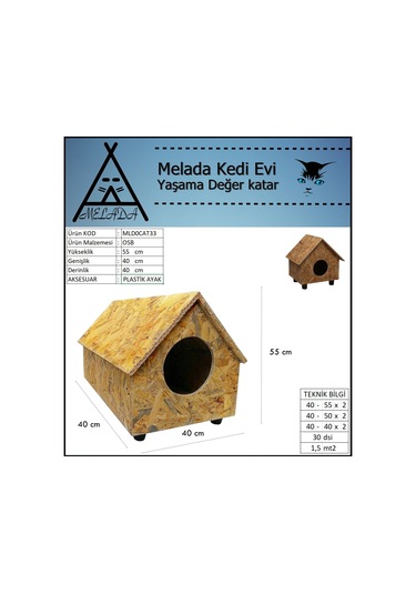 Melada Kedi Evi Dış Ortam Uygun Ahşap Kedi Evi Osb 55x40x40 Cm