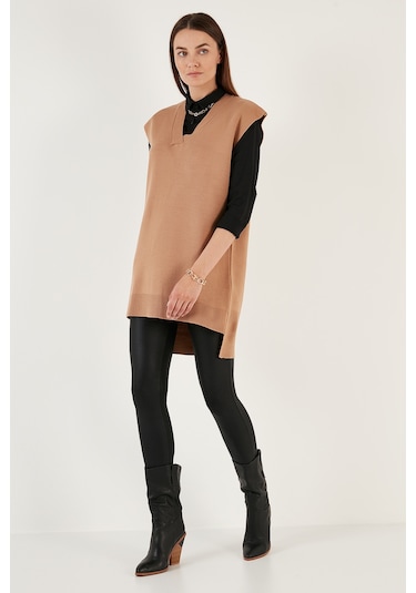 Lela V Yaka Arkası Uzun Triko Bayan Süveter 4616082Y Camel