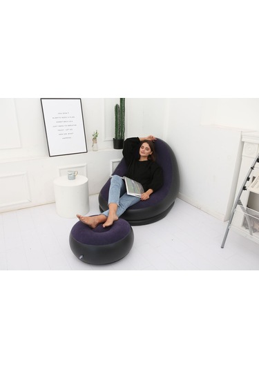 Ikkb Şişme Tembel Koltuk Pedal İle İki Parçalı Taşınabilir Dış Mekan Mobilya Ayak Pompalı Mavi Mavi