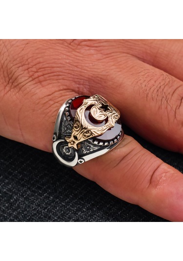 Ay Yıldız İşlemeli Kırmızı Zirkon Taşlı 925 Ayar Gümüş Erkek Yüzüğü Gümüş