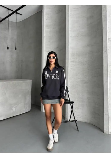 Yarım Fermuarlı Newyork Yazılı Sweat Antrasit