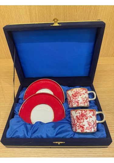 Güral Porselen Altın Yaldızlı El Dekoru 2 Kişilik Türk Kahve Fincan Takımı Kırmızı