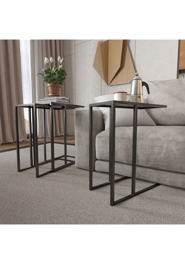 Rozy Camlı Üçlü Zigon Sehpa Siyah