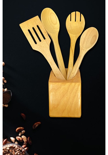 Standlı Ahşap Tahta Servis Sunum Kaşık Seti - Doğal Yağlı 5 Parça